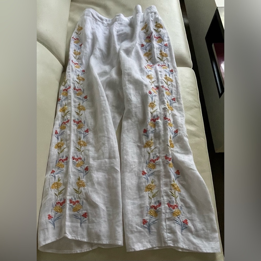 Calypso St.Barth Eyelet Flower Embroidery White Linen Pant Pull-On Strait Sz.XL